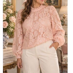 Cloth & Portrait Peach Floral Lace Blouse XXL Romantic Cottagecore Ruffle